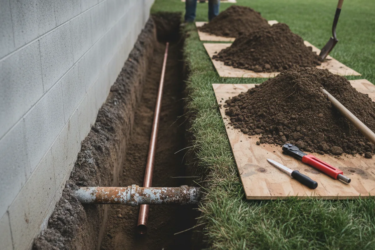 Excavated water line trench during Water Heater Repair in Covina